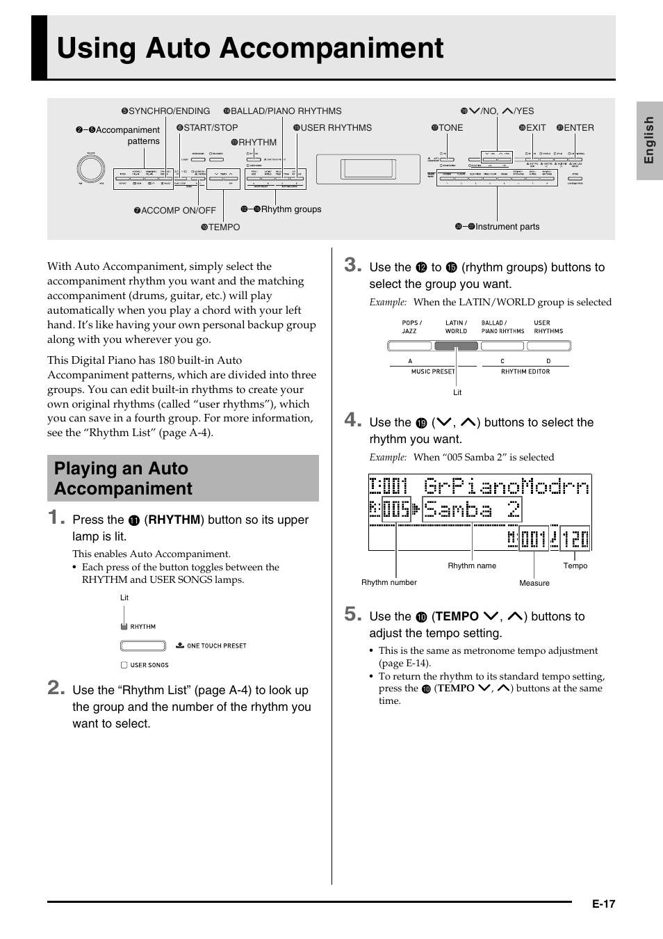 Using auto accompaniment, Playing an auto accompaniment | Casio PRIVIA PX330ES1A User Manual | Page 19 / 72