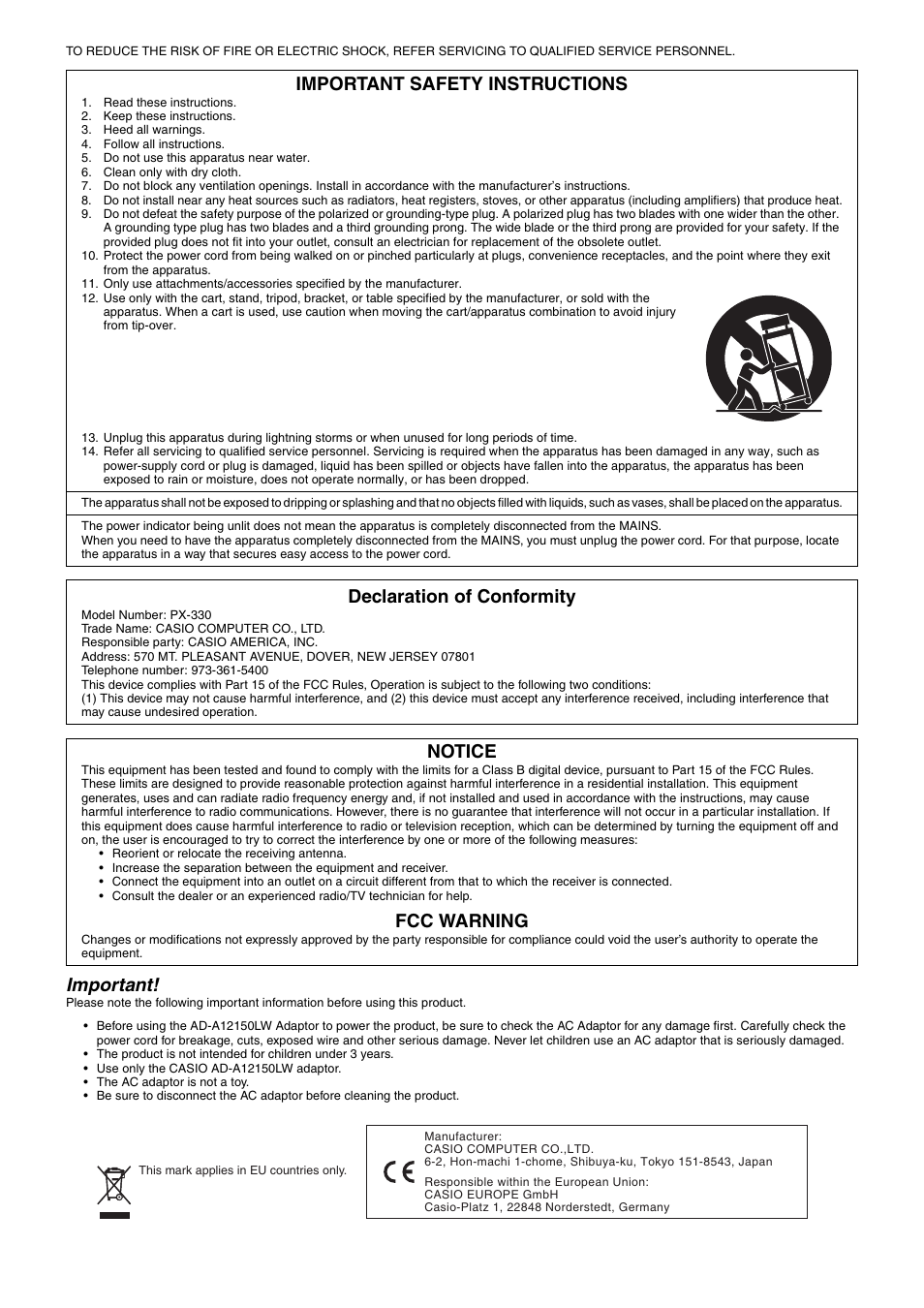 Important, Important safety instructions, Declaration of conformity | Notice, Fcc warning | Casio PRIVIA PX330ES1A User Manual | Page 2 / 72