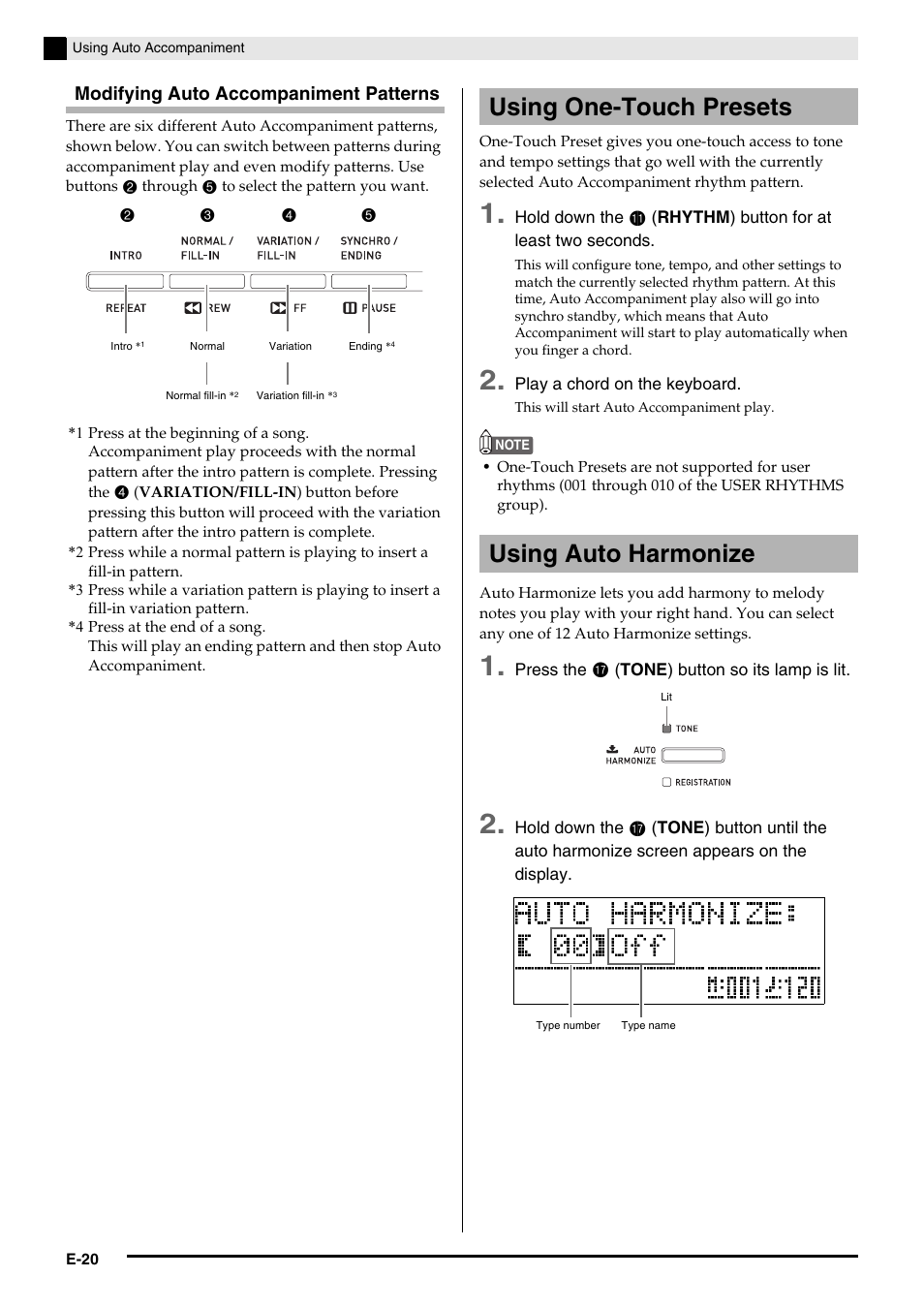 Using one-touch presets using auto harmonize | Casio PRIVIA PX330ES1A User Manual | Page 22 / 72