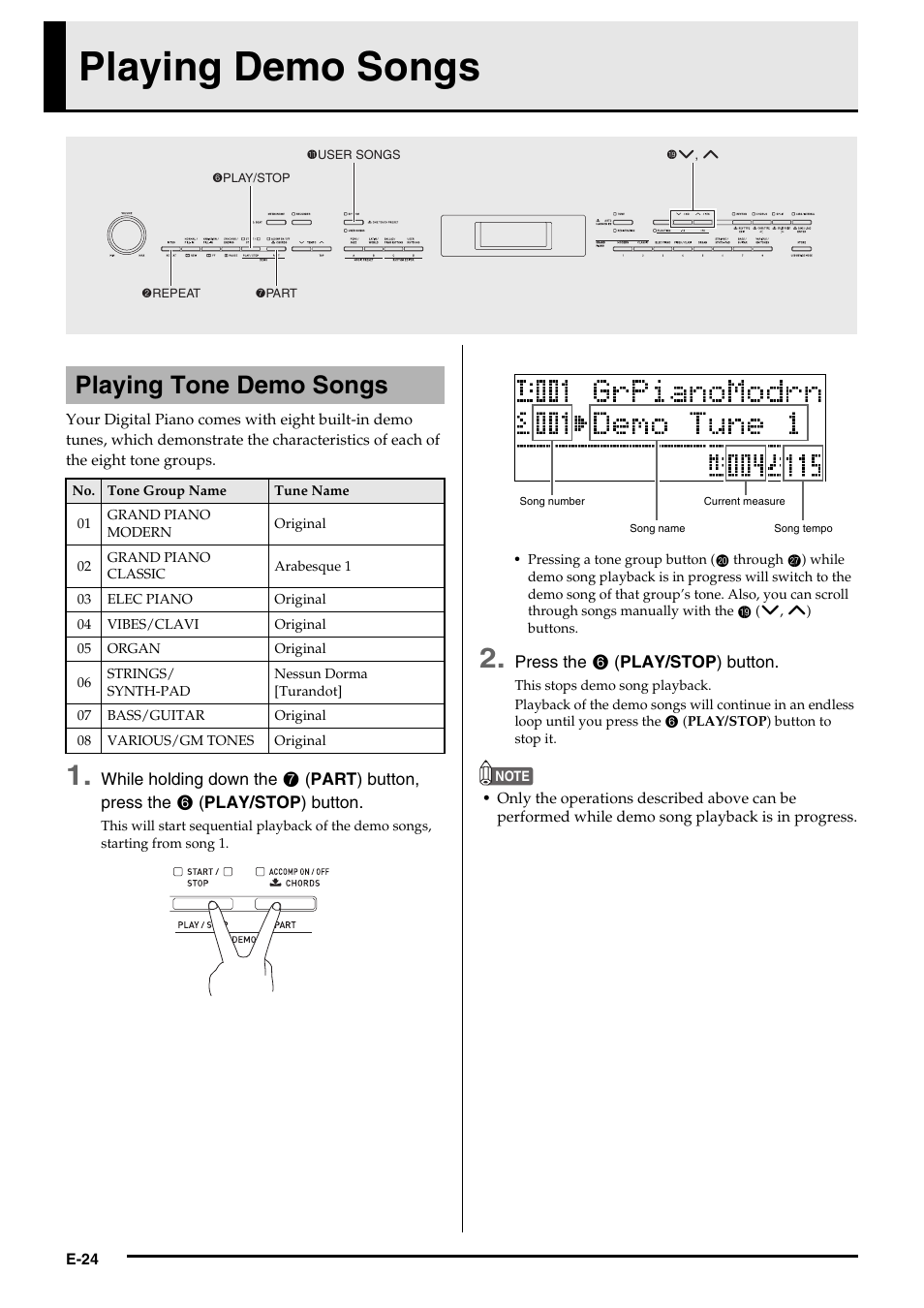 Playing demo songs, Playing tone demo songs | Casio PRIVIA PX330ES1A User Manual | Page 26 / 72