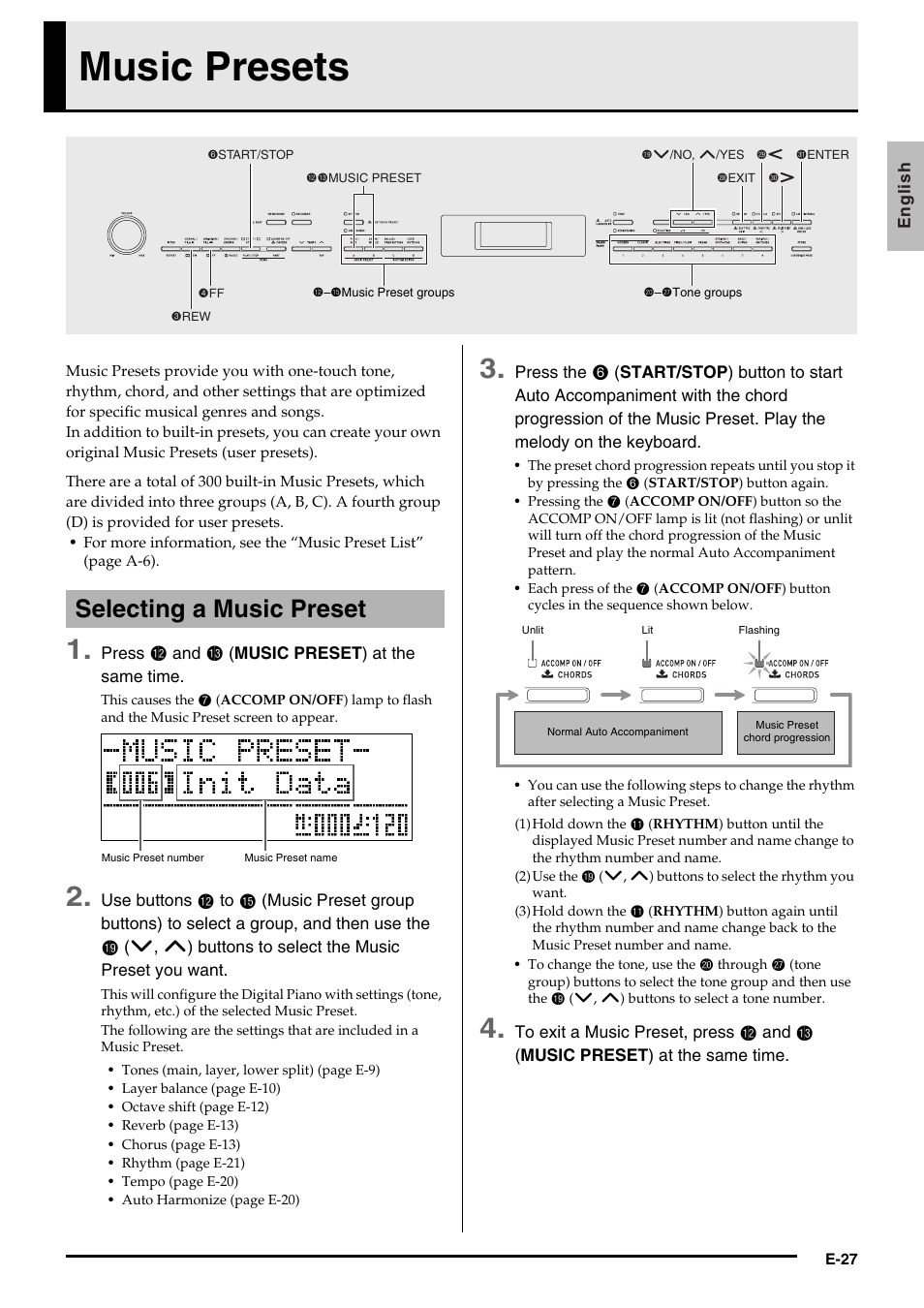 Music presets, Selecting a music preset | Casio PRIVIA PX330ES1A User Manual | Page 29 / 72