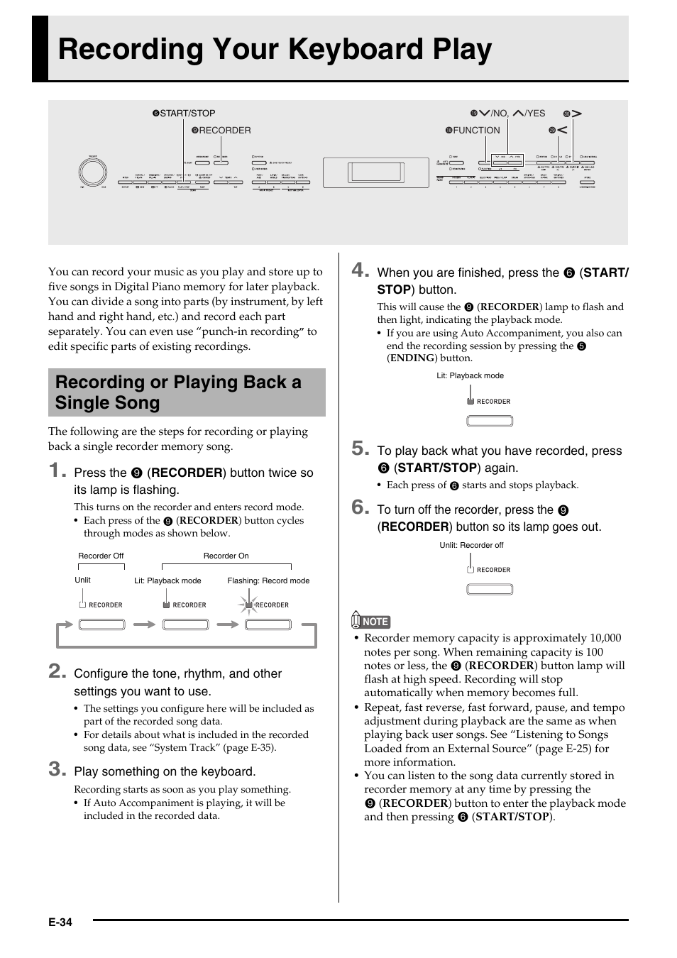 Recording your keyboard play, Recording or playing back a single song | Casio PRIVIA PX330ES1A User Manual | Page 36 / 72