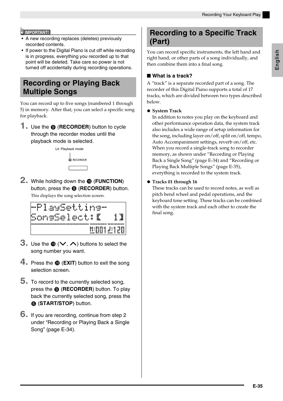 Recording or playing back multiple songs, Recording to a specific track (part) | Casio PRIVIA PX330ES1A User Manual | Page 37 / 72