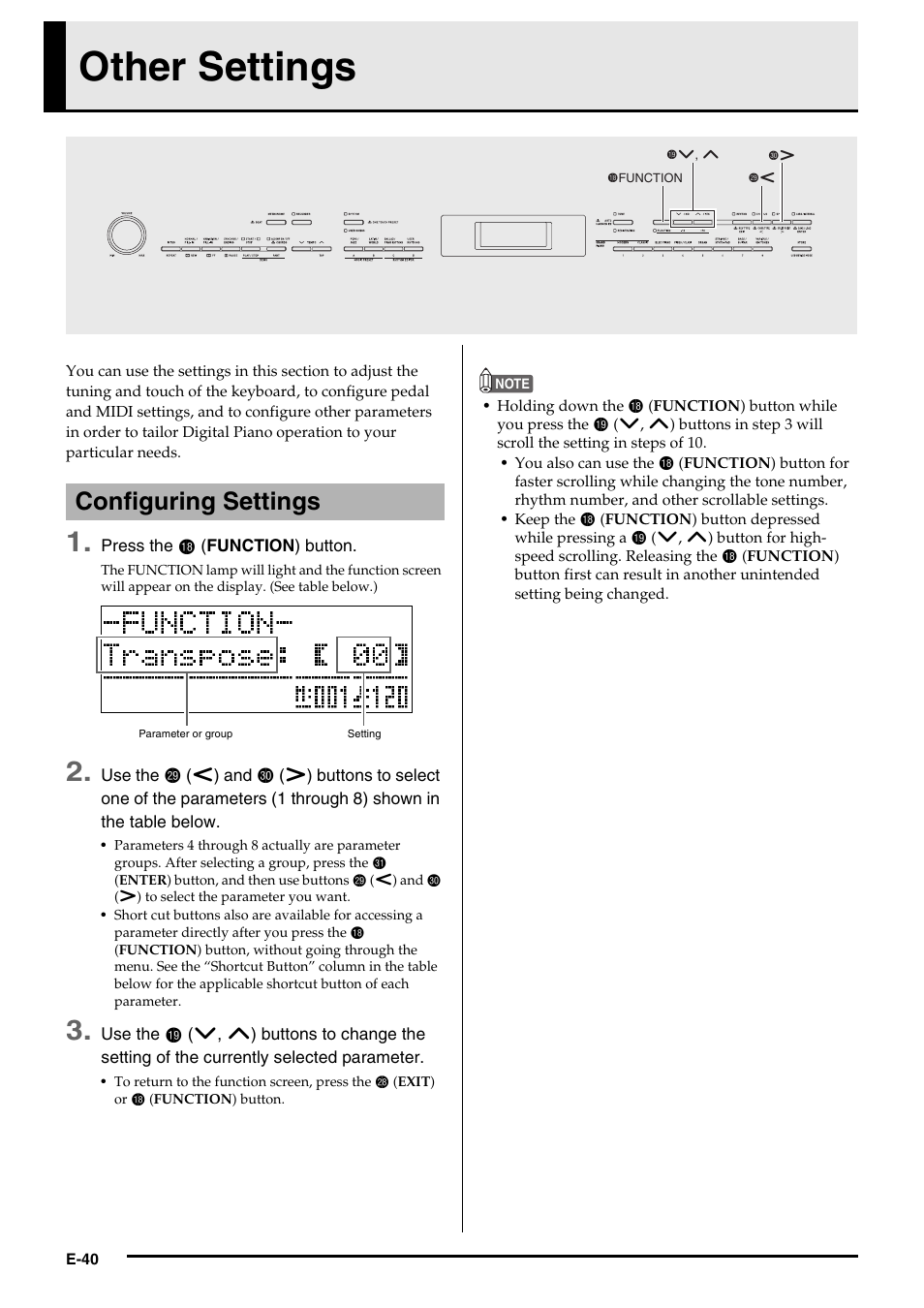 Other settings, Configuring settings | Casio PRIVIA PX330ES1A User Manual | Page 42 / 72