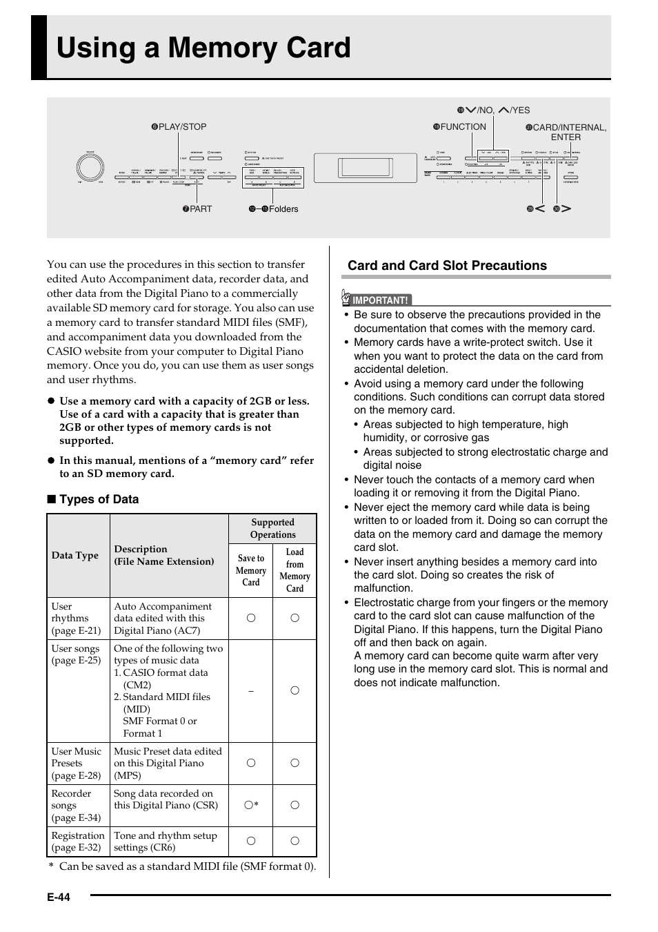 Card and card slot precautions | Casio PRIVIA PX330ES1A User Manual | Page 46 / 72