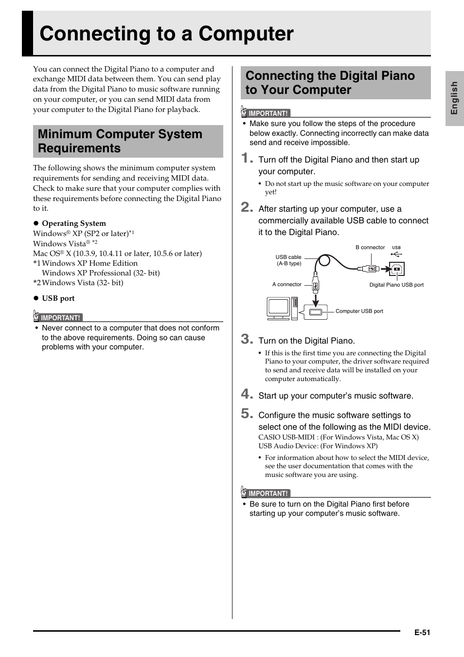 Connecting to a computer, Minimum computer system requirements, Connecting the digital piano to your computer | Casio PRIVIA PX330ES1A User Manual | Page 53 / 72