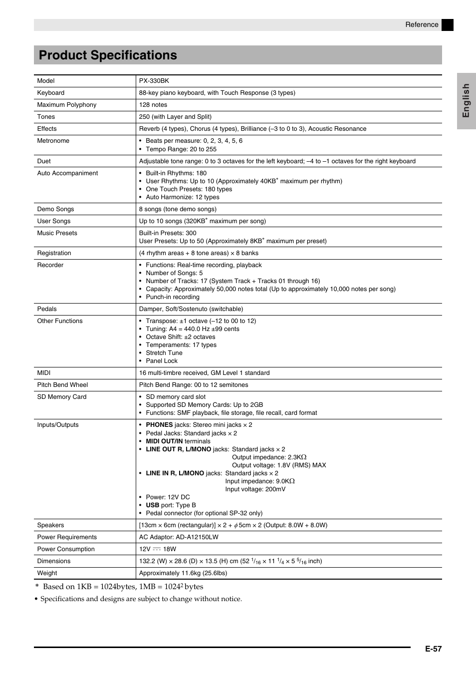 Product specifications, English | Casio PRIVIA PX330ES1A User Manual | Page 59 / 72