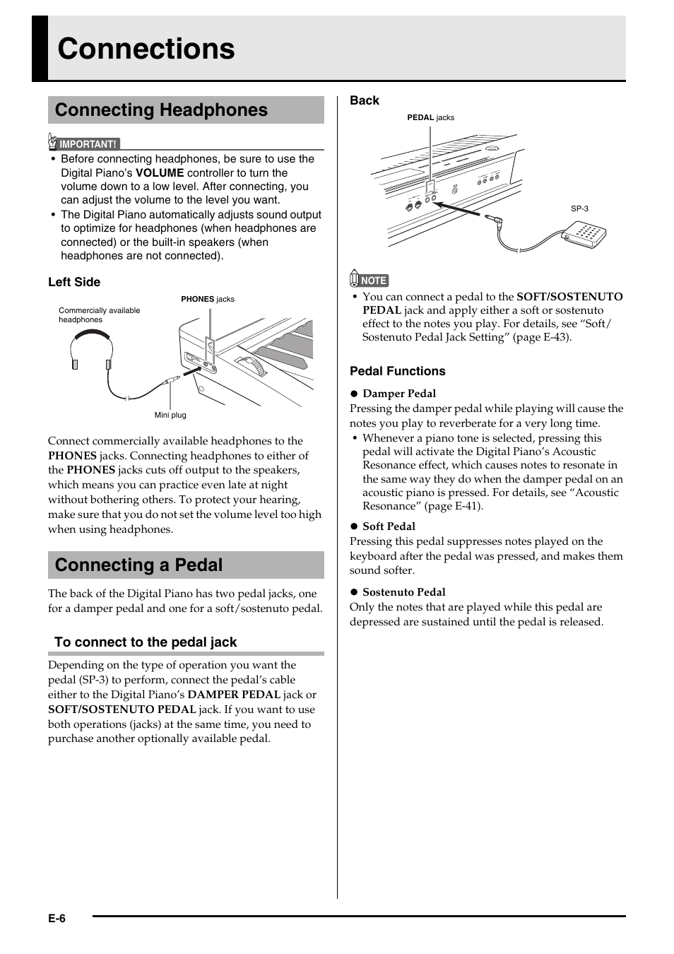 Connections, Connecting headphones connecting a pedal | Casio PRIVIA PX330ES1A User Manual | Page 8 / 72