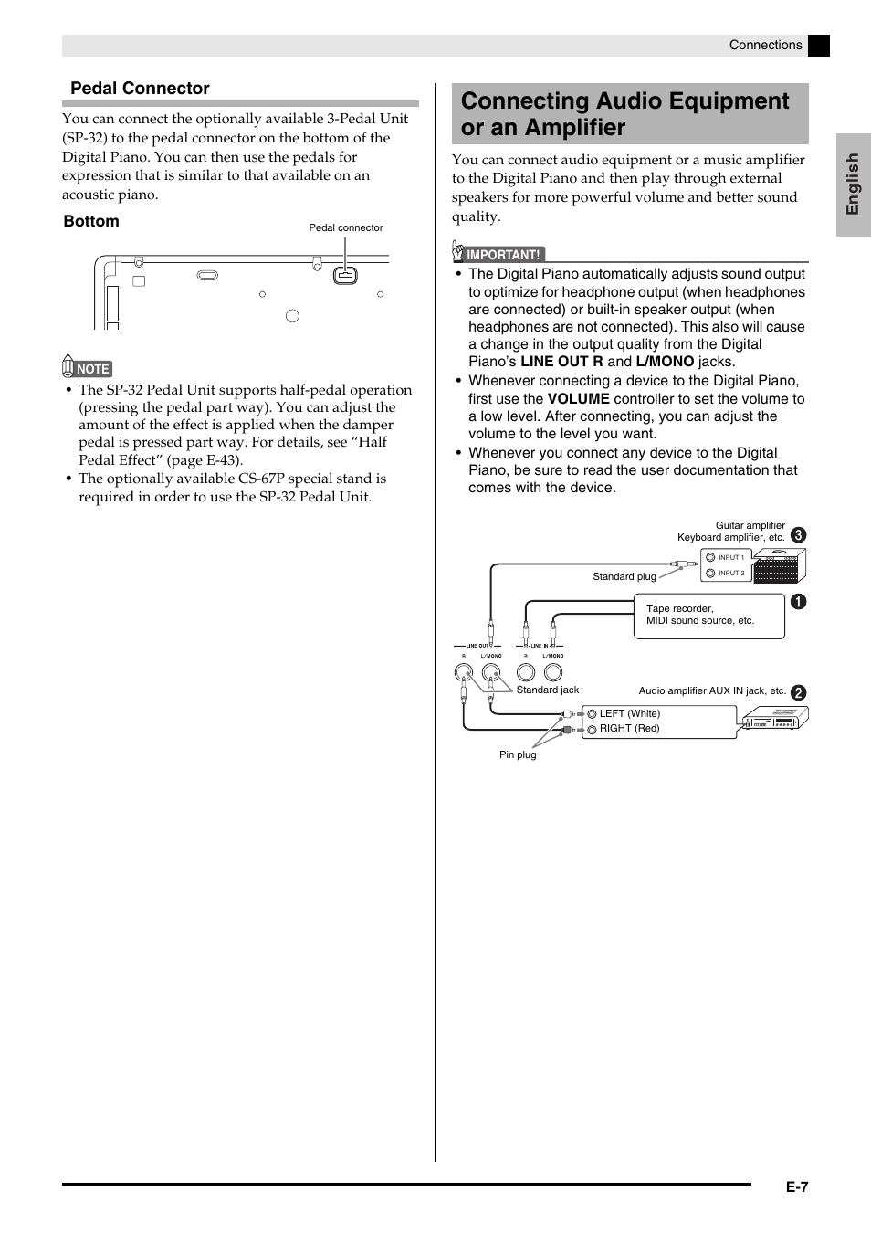 Connecting audio equipment or an amplifier, Pedal connector | Casio PRIVIA PX330ES1A User Manual | Page 9 / 72