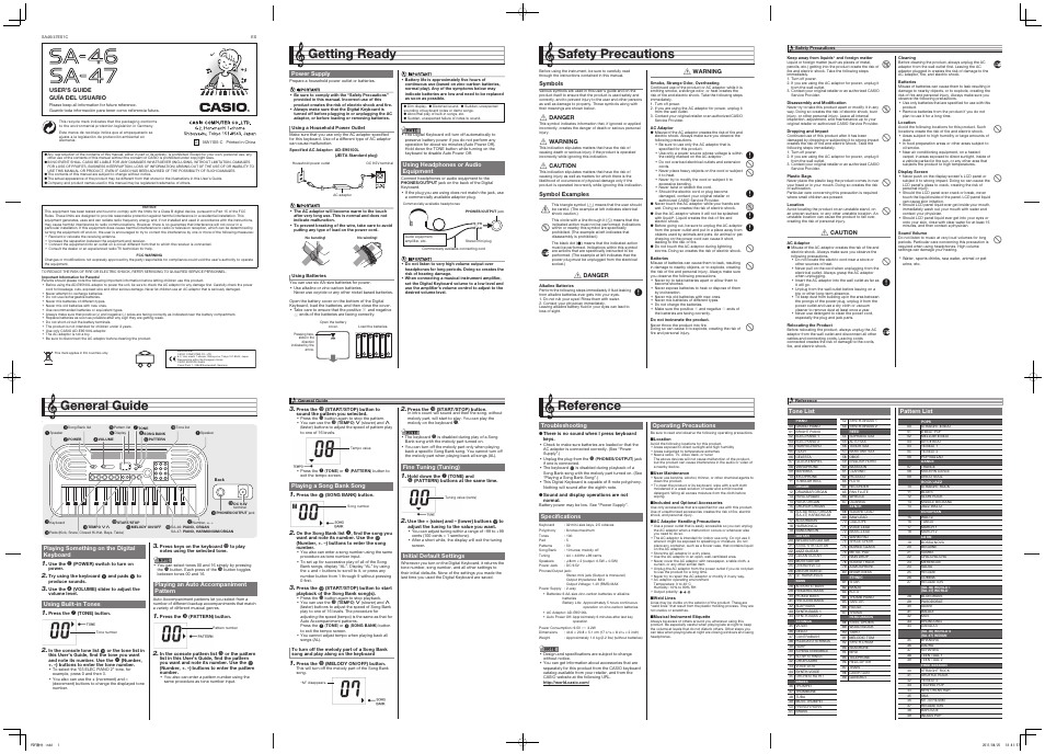 Casio SA-46 User Manual | 2 pages