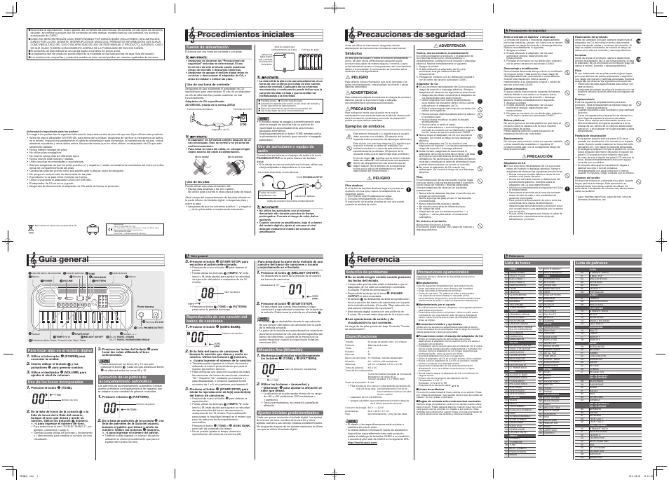 Procedimientos iniciales, Guía general, Precauciones de seguridad | Referencia | Casio SA-46 User Manual | Page 2 / 2