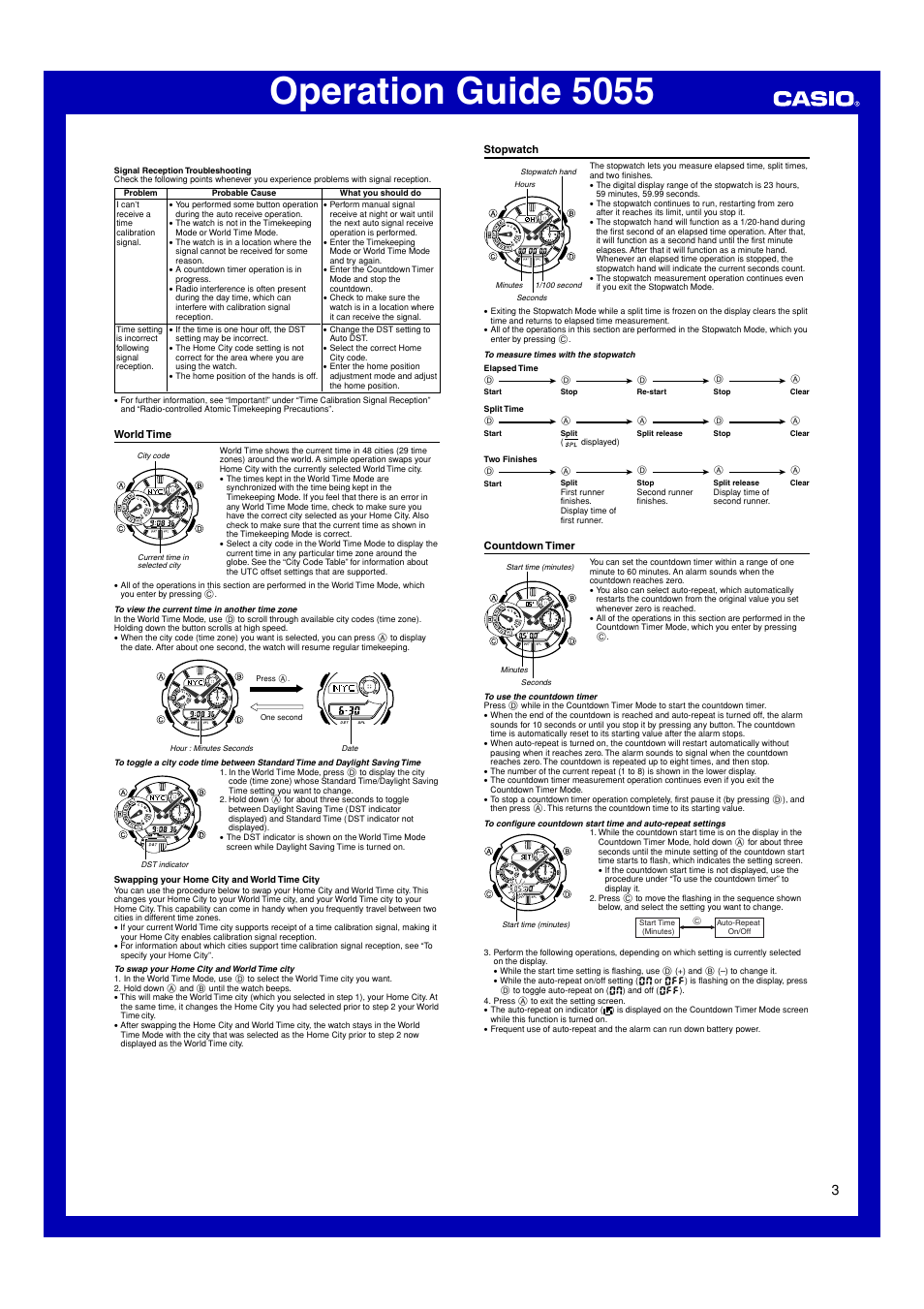 World time, Stopwatch, Countdown timer | Operation guide 5055 | Casio 5055 User Manual | Page 3 / 7