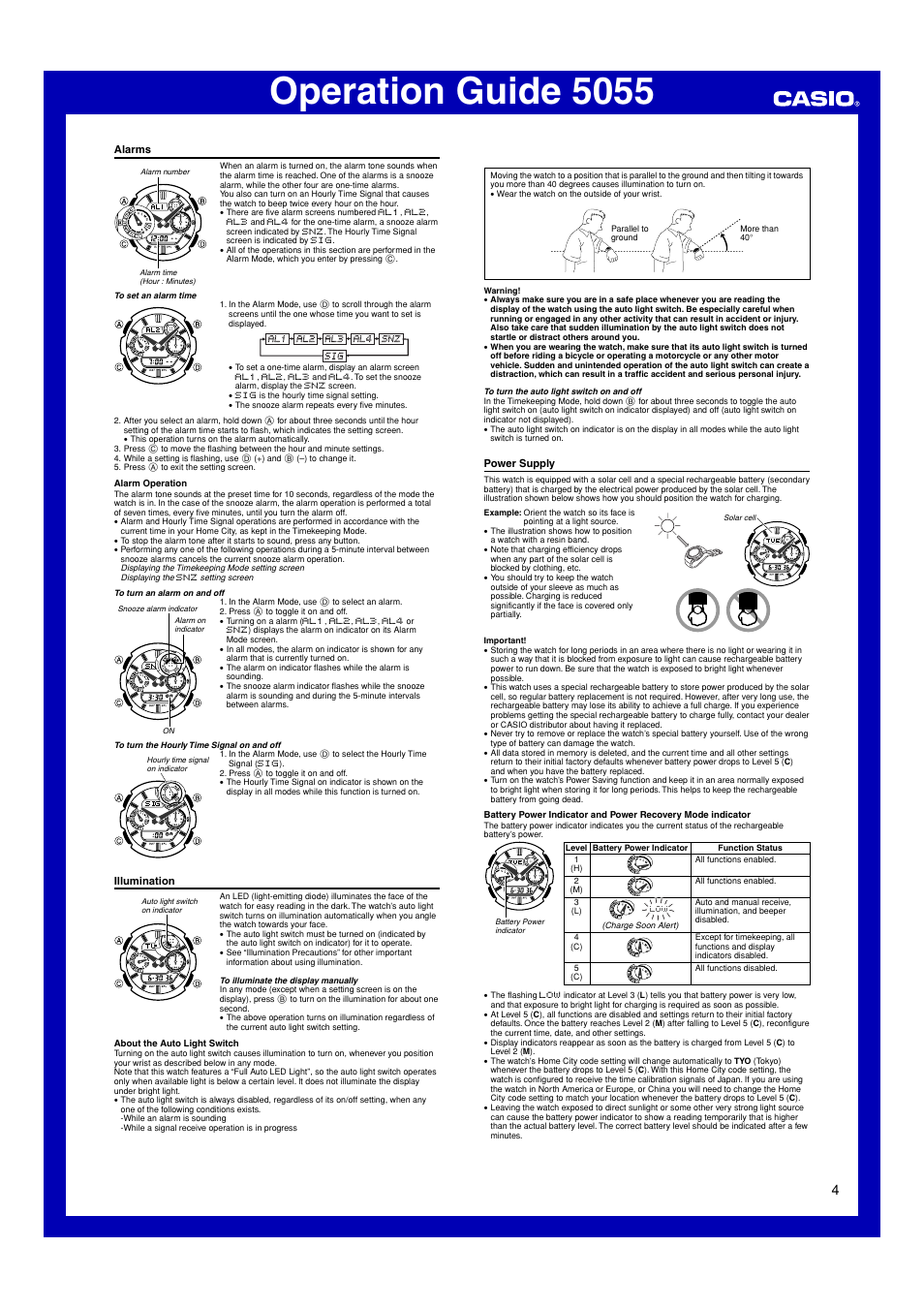 Alarms, Illumination, Power supply | Operation guide 5055 | Casio 5055 User Manual | Page 4 / 7