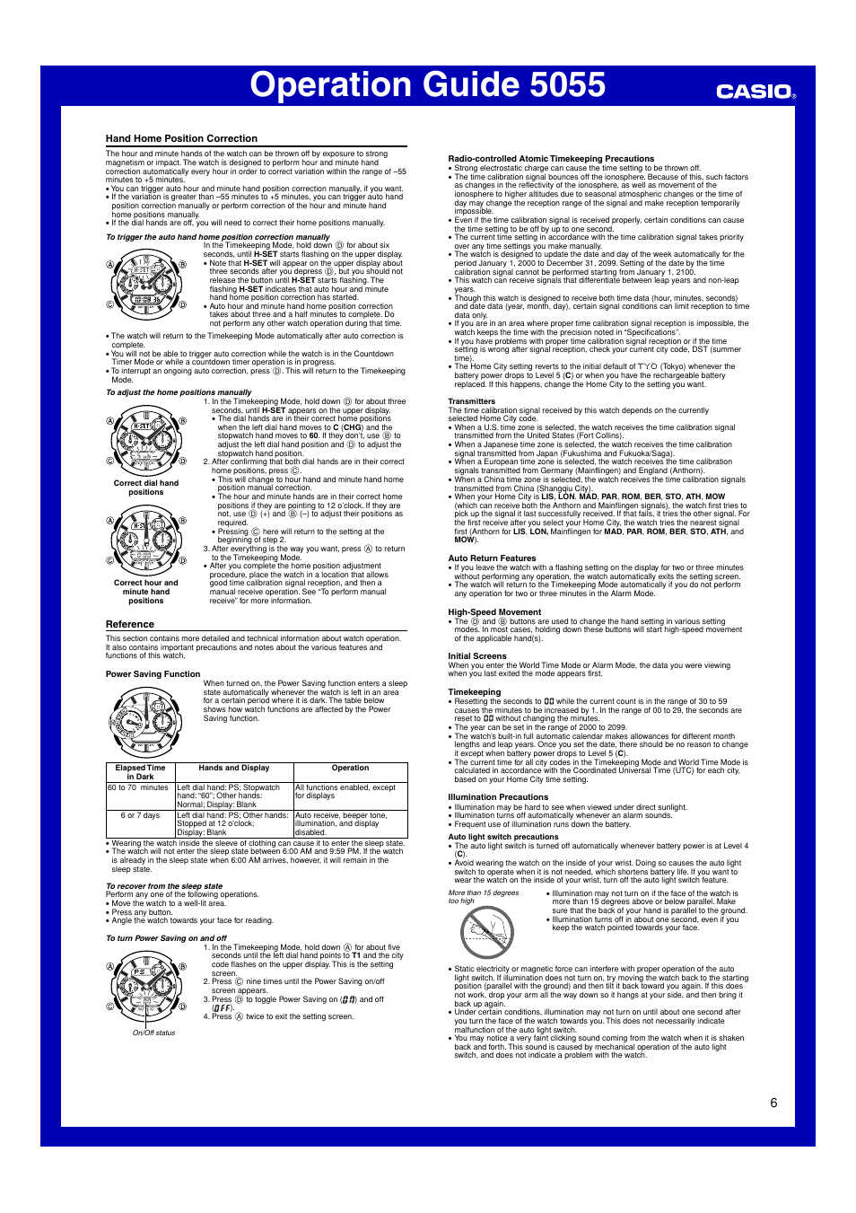Hand home position correction, Reference, Operation guide 5055 | Casio 5055 User Manual | Page 6 / 7