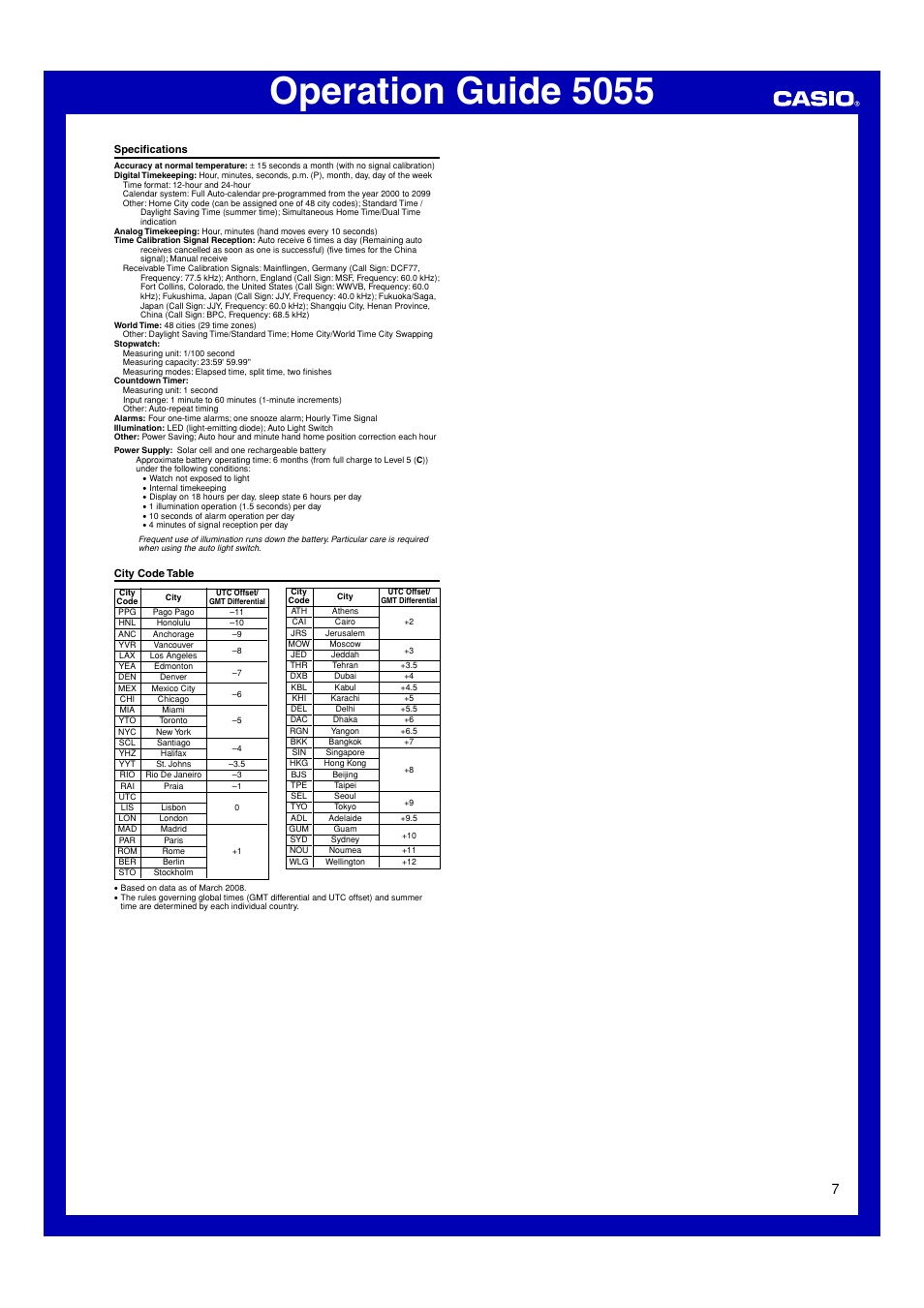 Specifications, City code table, Operation guide 5055 | Casio 5055 User Manual | Page 7 / 7