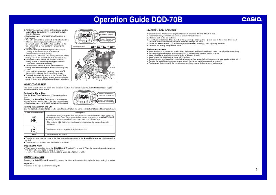 Using the alarm, Using the light, Battery replacement | Operation guide dqd-70b | Casio DQD-70B User Manual | Page 3 / 3