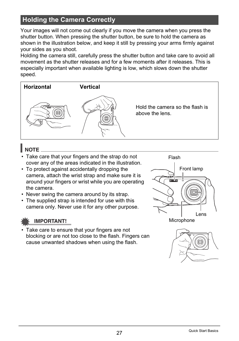 Holding the camera correctly | Casio EXILIM EX-Z27 User Manual | Page 27 / 142