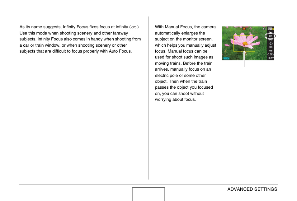 Using infinity focus, Using manual focus | Casio EX-Z1000 User Manual | Page 116 / 266
