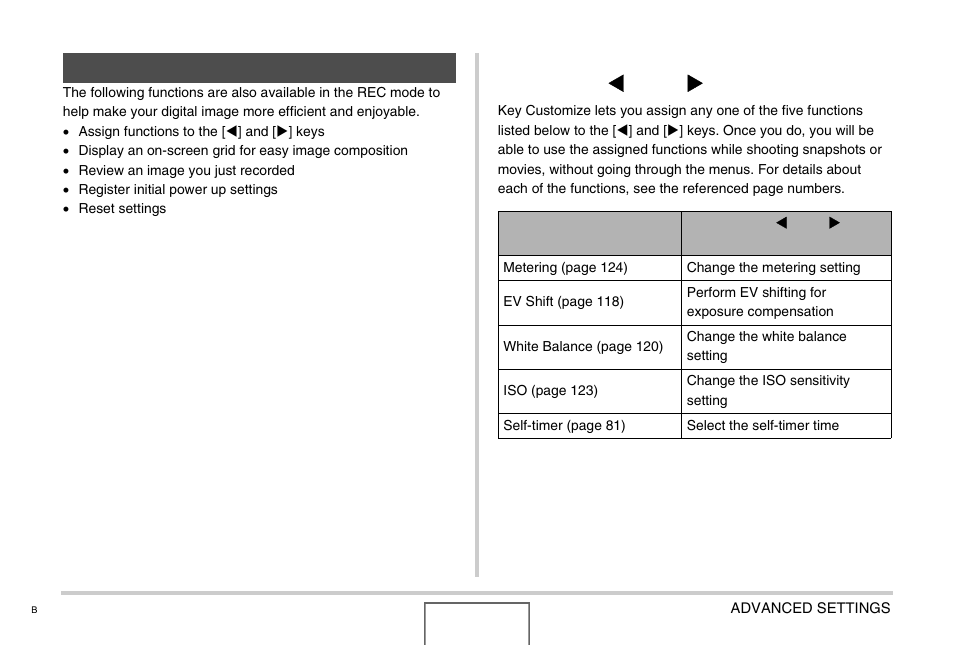 Other useful recording functions, Using key customize to assign functions [t] and [u, Using key customize to assign functions [w] and [x | Casio EX-Z1000 User Manual | Page 132 / 266