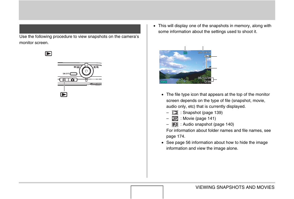 Viewing snapshots and movies, Viewing a snapshot, Viewing snapshots and movies139 | Casio EX-Z1000 User Manual | Page 139 / 266