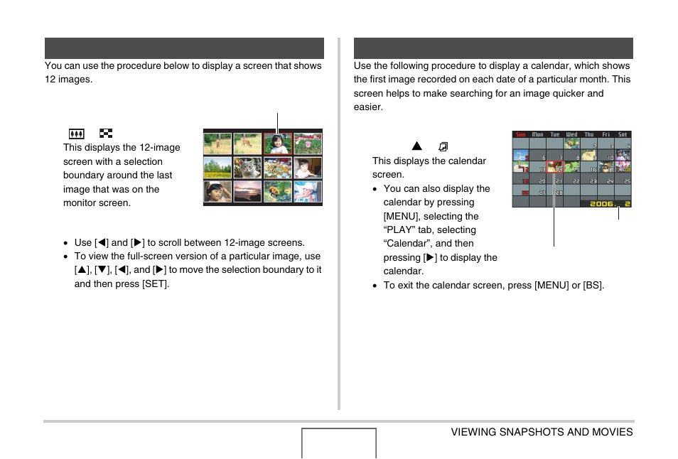 Using the 12-image screen, Using the calendar screen | Casio EX-Z1000 User Manual | Page 151 / 266