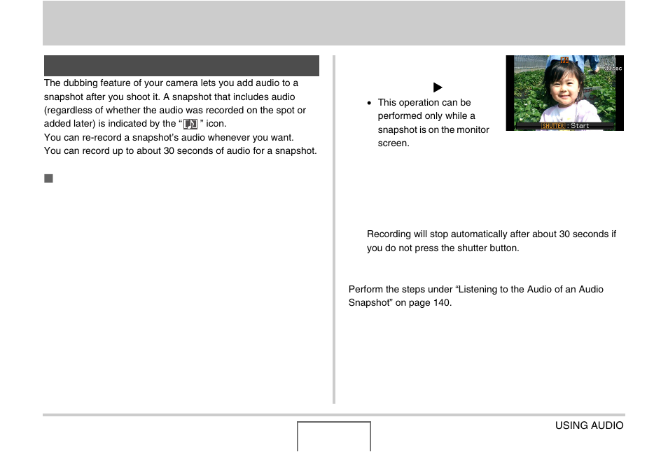 Using audio, Adding audio to a snapshot | Casio EX-Z1000 User Manual | Page 168 / 266