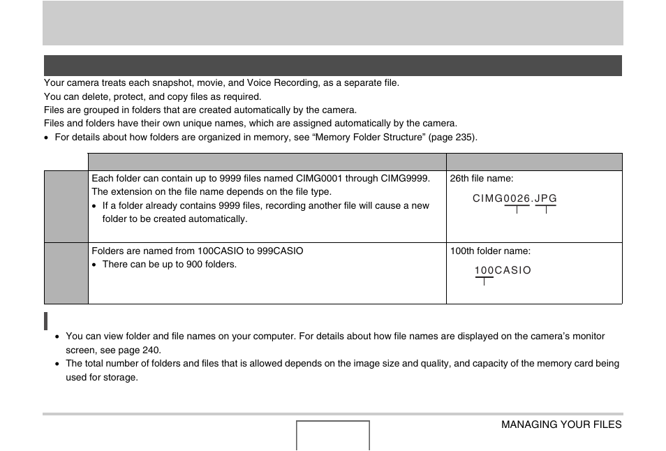 Managing your files, Files and folders | Casio EX-Z1000 User Manual | Page 174 / 266