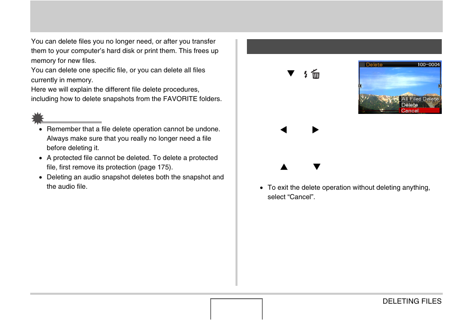 Deleting files, Deleting a specific file | Casio EX-Z1000 User Manual | Page 181 / 266