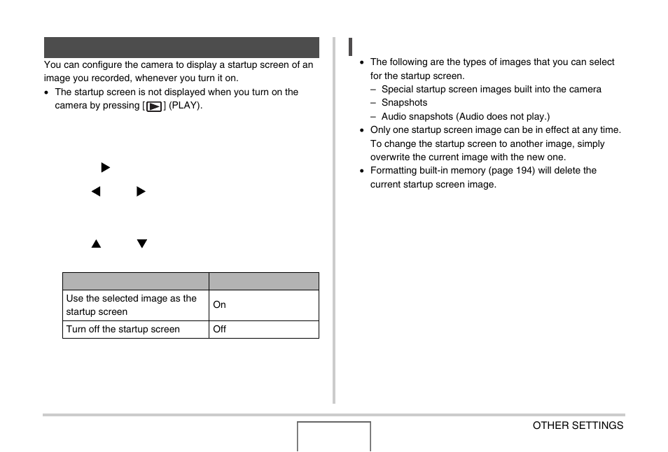 Turning the startup screen on or off | Casio EX-Z1000 User Manual | Page 186 / 266