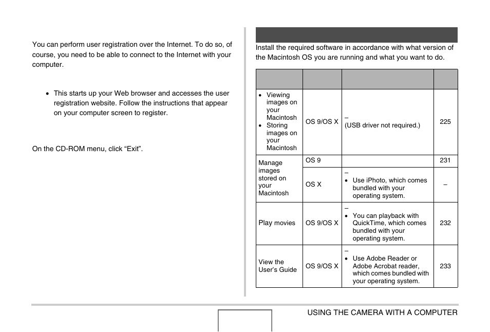 User registration, Exiting the cd-rom menu, Using the camera with a macintosh | E “using the camera with a macintosh, Using the camera with a, Macintosh” o, Ge 223 | Casio EX-Z1000 User Manual | Page 223 / 266