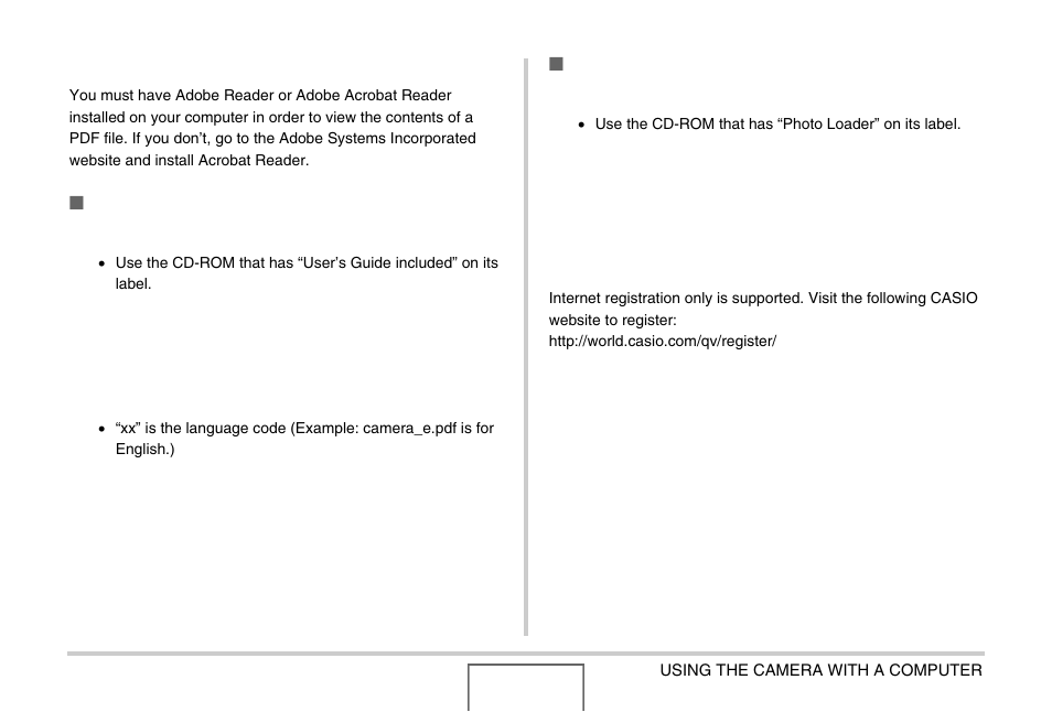 Viewing user documentation (pdf files), Registering as a user | Casio EX-Z1000 User Manual | Page 233 / 266