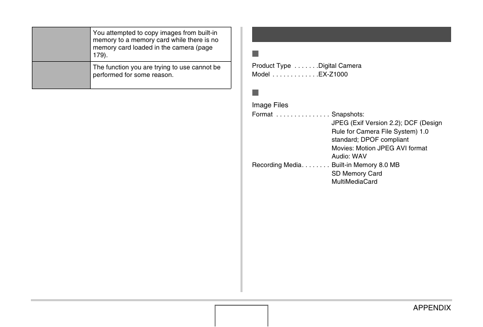 Specifications | Casio EX-Z1000 User Manual | Page 258 / 266