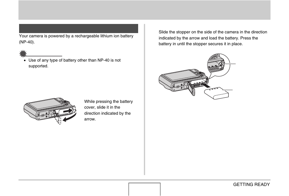 Getting ready, Charging the battery, To load the battery | Casio EX-Z1000 User Manual | Page 36 / 266