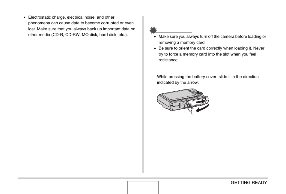 Loading a memory card into the camera | Casio EX-Z1000 User Manual | Page 47 / 266