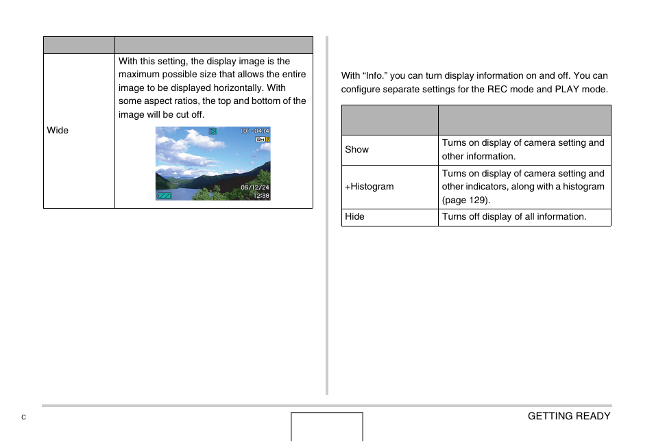 Turning display information on and off (info.) | Casio EX-Z1000 User Manual | Page 56 / 266