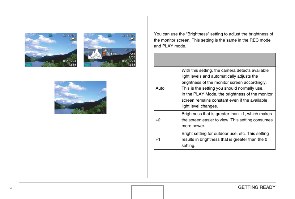 Adjusting monitor screen brightness (brightness) | Casio EX-Z1000 User Manual | Page 58 / 266