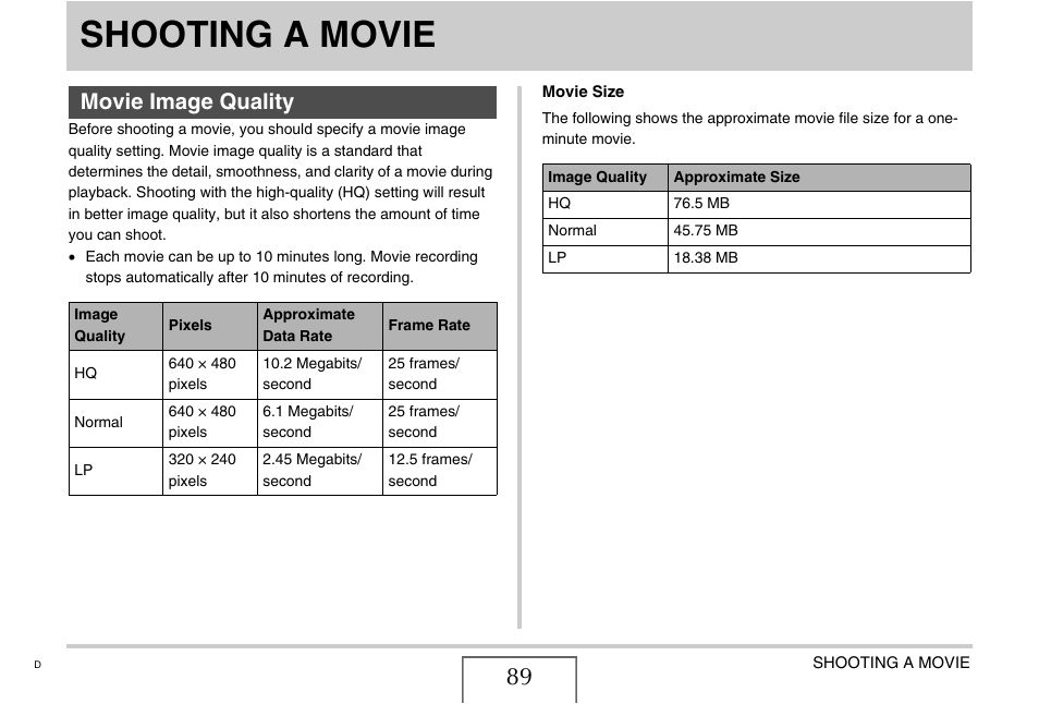 Shooting a movie, Movie image quality | Casio EX-Z1000 User Manual | Page 89 / 266