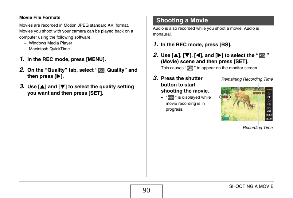 Shooting a movie | Casio EX-Z1000 User Manual | Page 90 / 266