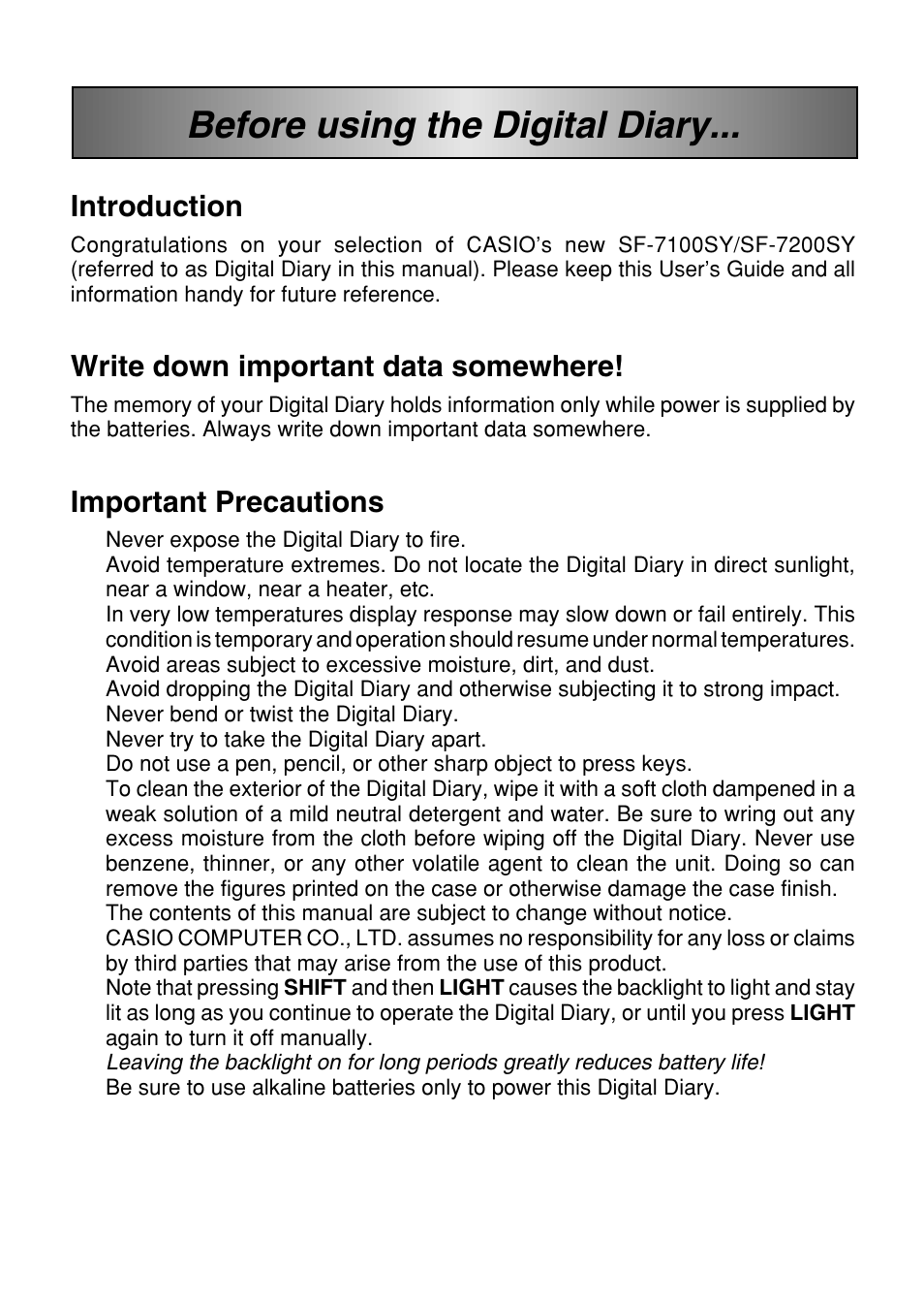 Before using the digital diary, Introduction, Write down important data somewhere | Important precautions | Casio SF-7100SY User Manual | Page 10 / 83