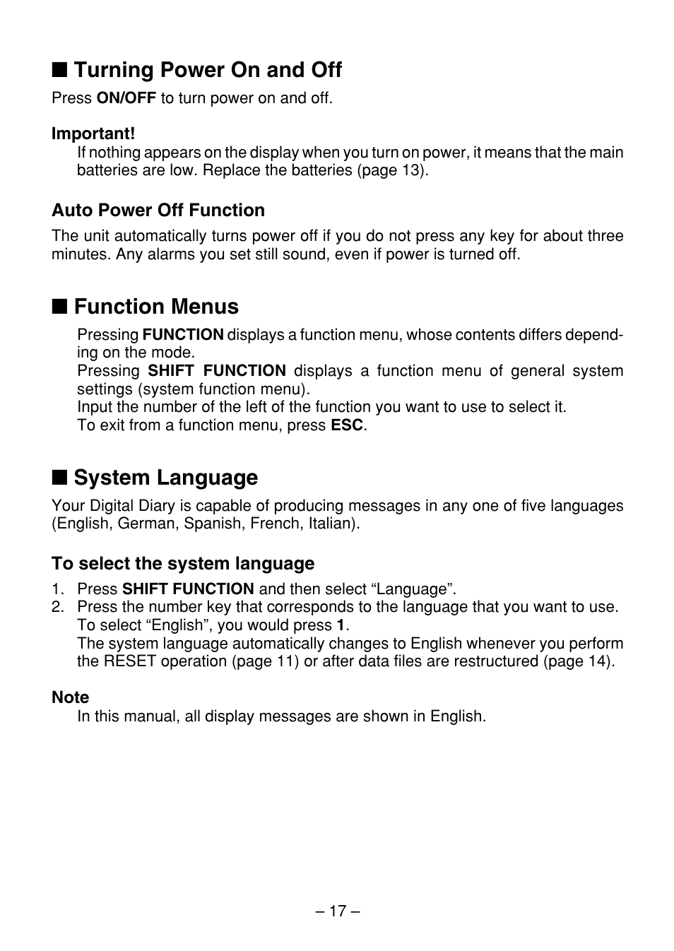 Turning power on and off, Function menus, System language | Casio SF-7100SY User Manual | Page 19 / 83