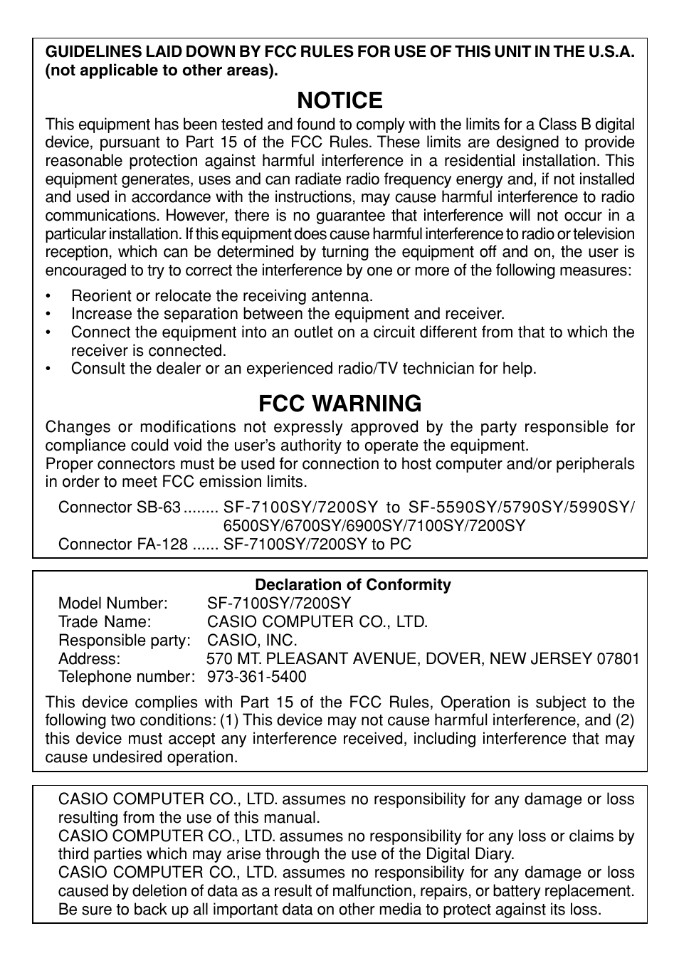 Notice, Fcc warning | Casio SF-7100SY User Manual | Page 2 / 83