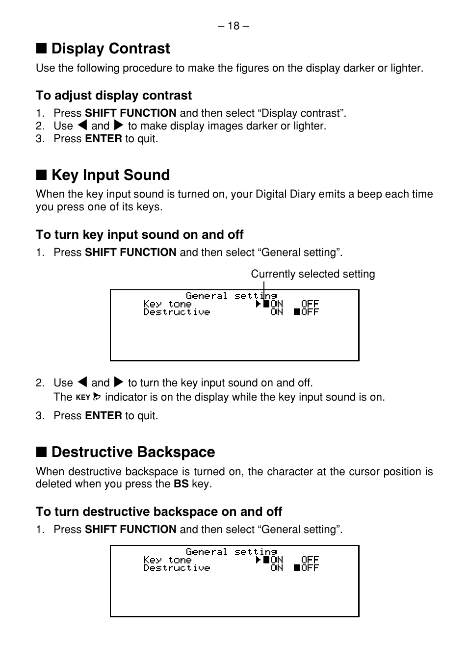 Display contrast, Key input sound, Destructive backspace | Casio SF-7100SY User Manual | Page 20 / 83