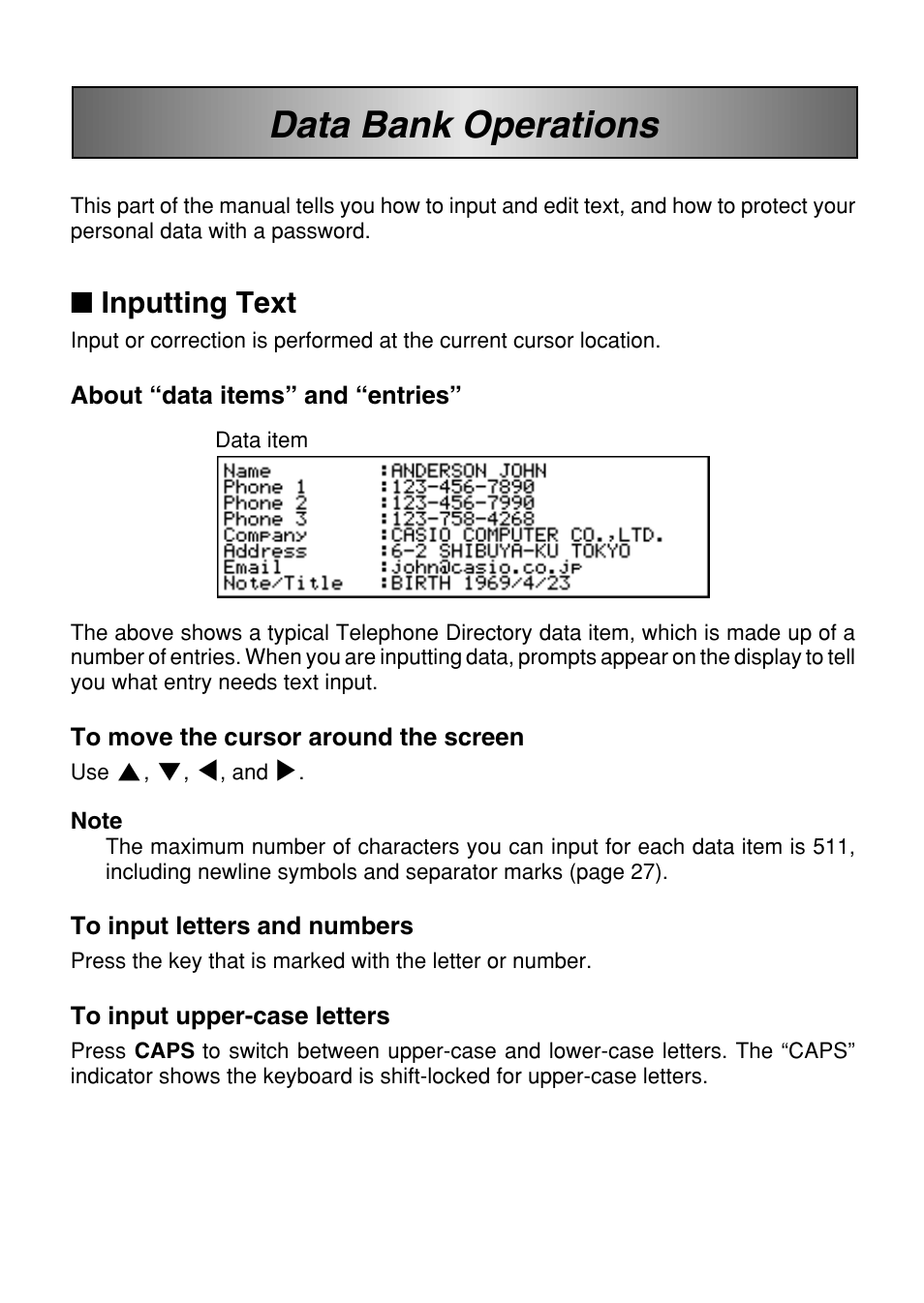 Data bank operations, Inputting text | Casio SF-7100SY User Manual | Page 28 / 83