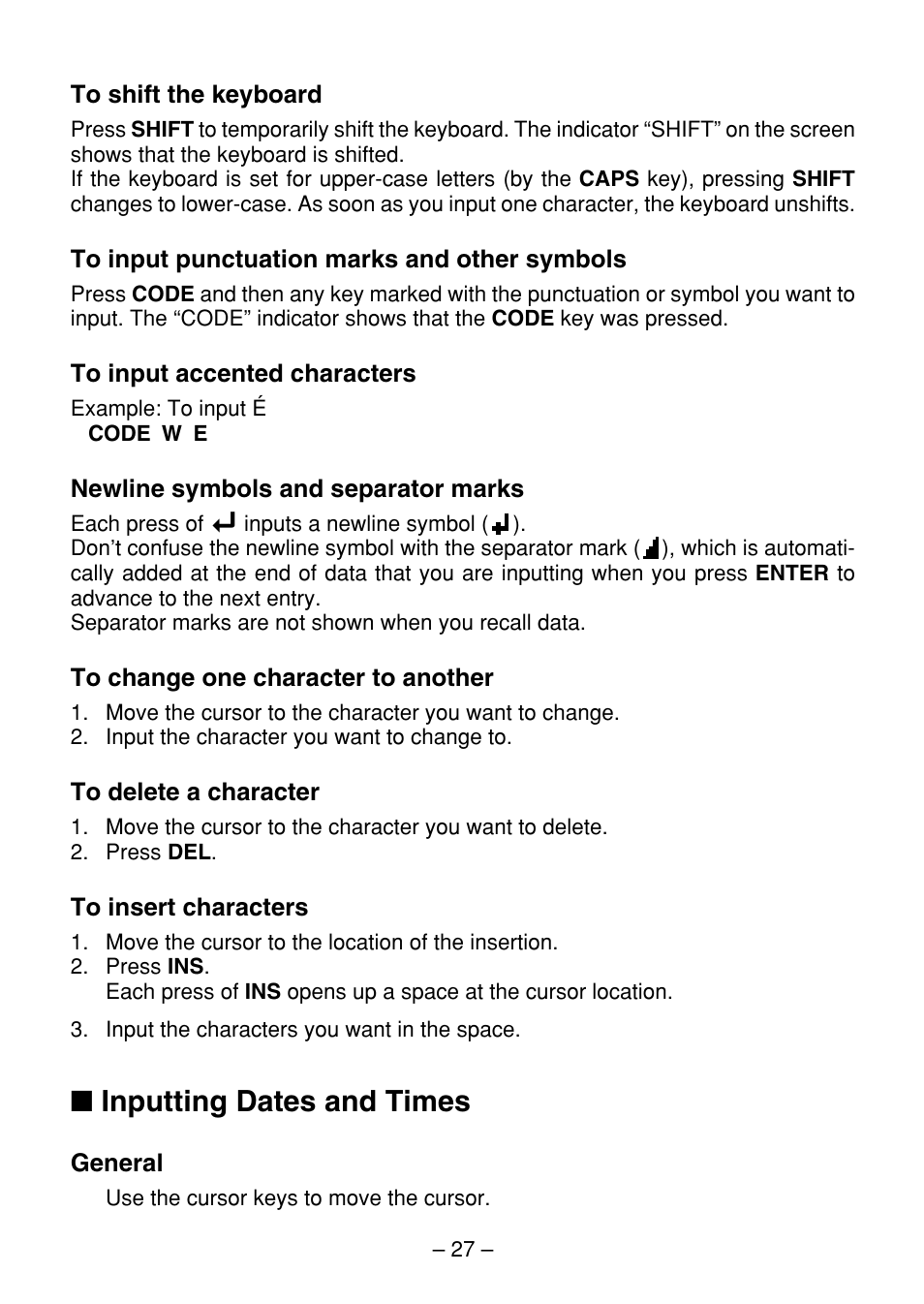 Inputting dates and times | Casio SF-7100SY User Manual | Page 29 / 83