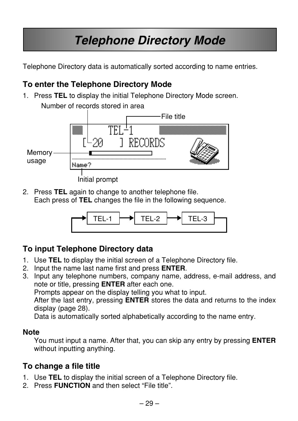 Telephone directory mode | Casio SF-7100SY User Manual | Page 31 / 83