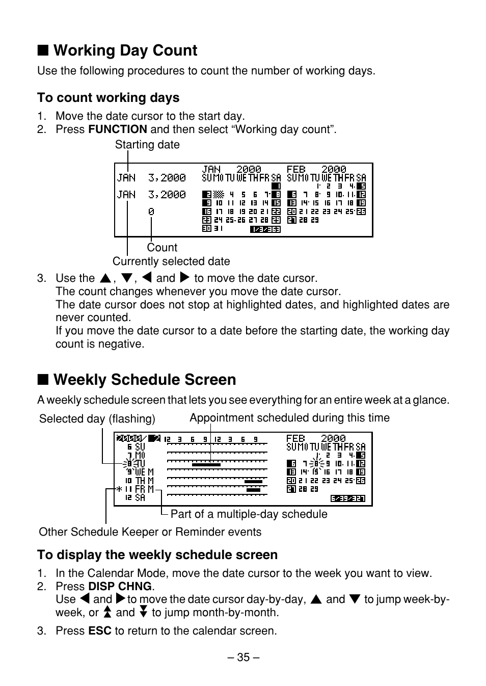 Working day count, Weekly schedule screen | Casio SF-7100SY User Manual | Page 37 / 83