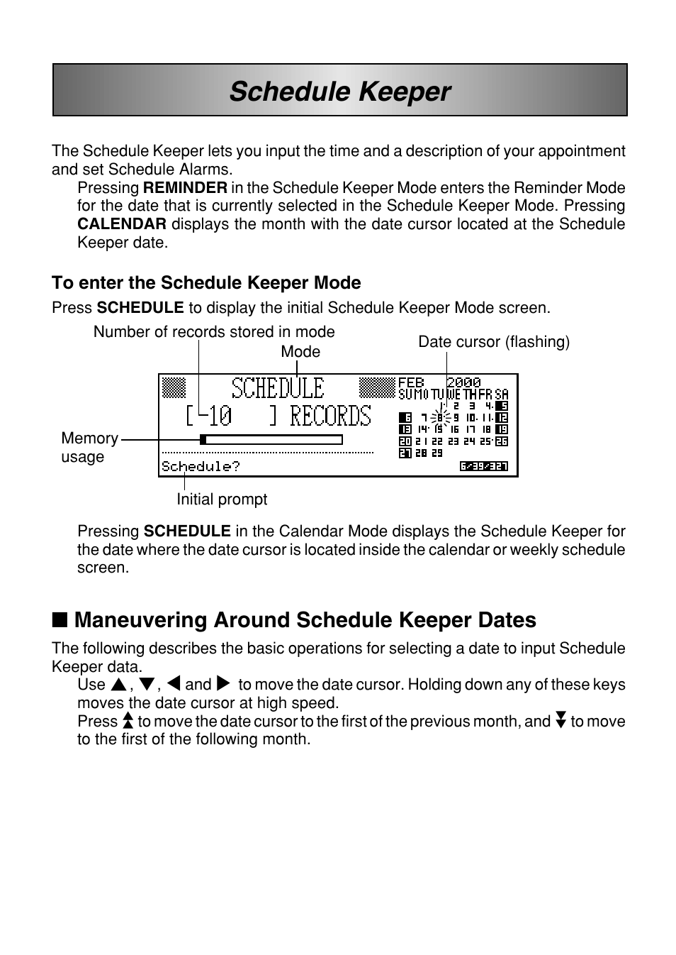 Schedule keeper, Maneuvering around schedule keeper dates | Casio SF-7100SY User Manual | Page 38 / 83