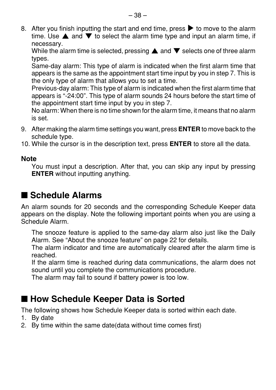 Schedule alarms, How schedule keeper data is sorted | Casio SF-7100SY User Manual | Page 40 / 83