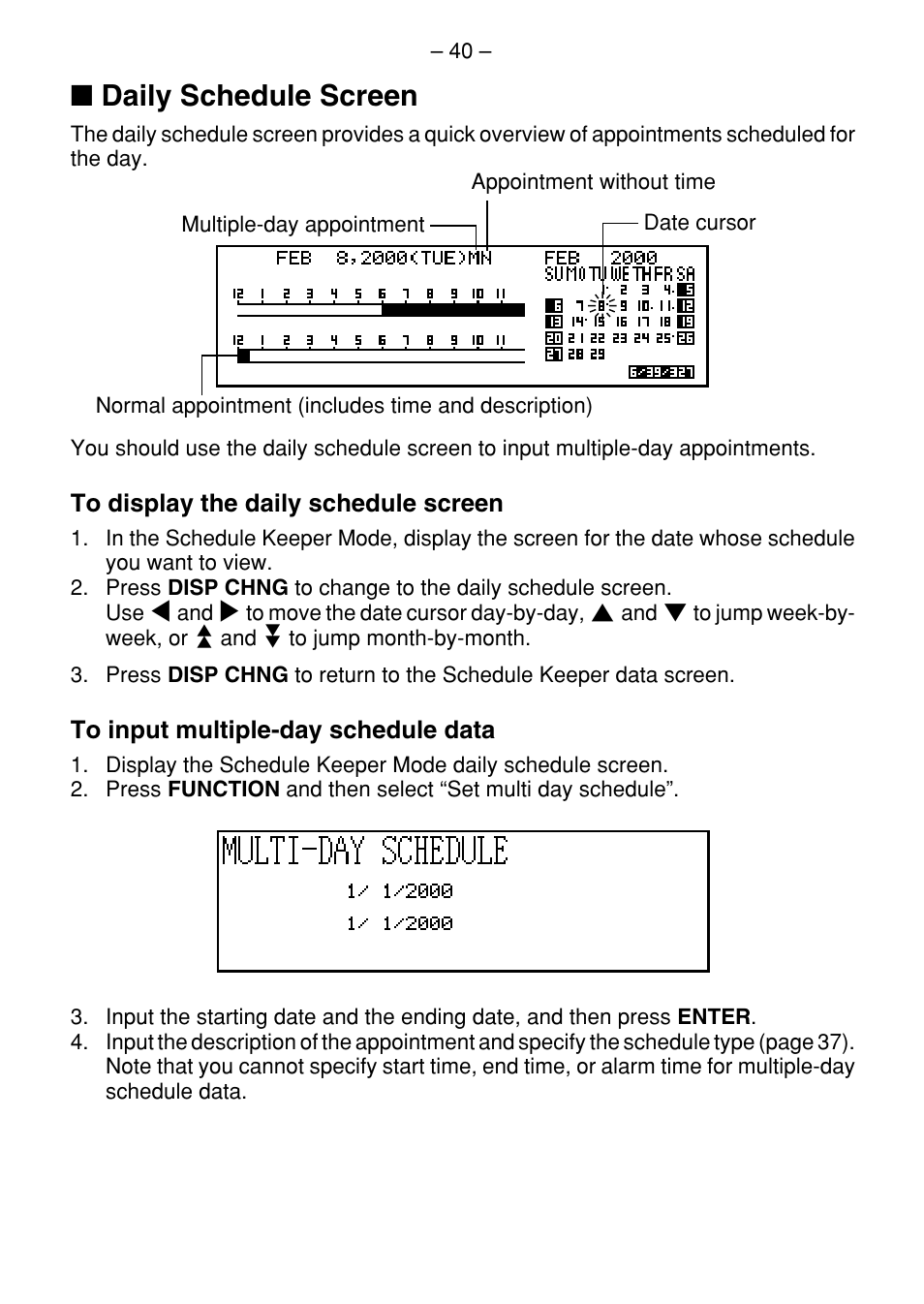 Daily schedule screen | Casio SF-7100SY User Manual | Page 42 / 83