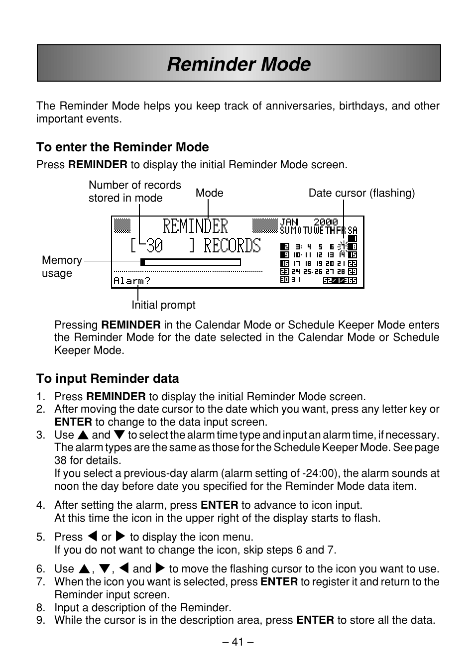 Reminder mode | Casio SF-7100SY User Manual | Page 43 / 83